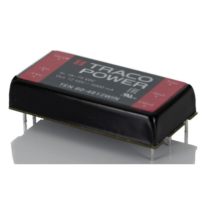 TRACOPOWER TEN 60WIN DC-DC Converter, 12V dc/ 5A Output, 18 → 75 V dc Input, 60W, PCB Mount, +85°C Max Temp