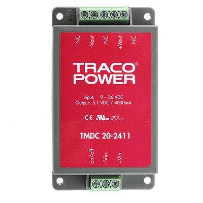 TRACOPOWER TMDC 20 DC-DC Converter, 5V dc/ 4A Output, 9 → 36 V dc Input, 20W, Chassis Mount, +80°C Max Temp