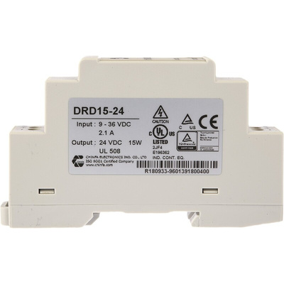 Chinfa DRD15 DC-DC Converter, 24V dc/ 630mA Output, 9 → 36 V dc Input, 15W, DIN Rail Mount, +71°C Max Temp -40°C