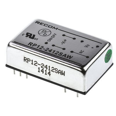 Recom RP12-AW DC-DC Converter, 12V dc/ 1A Output, 9 → 36 V dc Input, 12W, Through Hole, +65°C Max Temp -40°C Min