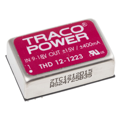 TRACOPOWER THD 12 DC-DC Converter, ±15V dc/ ±400mA Output, 9 → 18 V dc Input, 12W, Through Hole, +85°C Max Temp