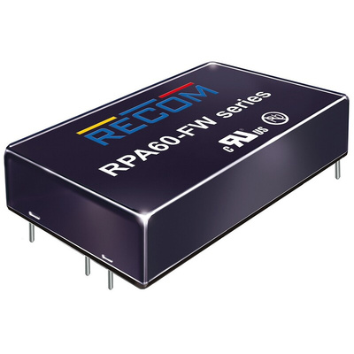 Recom RPA60-FW DC-DC Converter, 12V dc/ 5A Output, 9 → 36 V dc Input, 60W, Through Hole, +75°C Max Temp -40°C