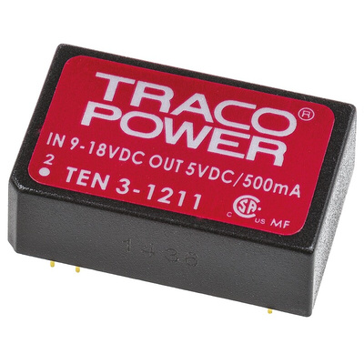 TRACOPOWER TEN 3 DC-DC Converter, 5V dc/ 500mA Output, 9 → 18 V dc Input, 3W, Through Hole, +85°C Max Temp -40°C