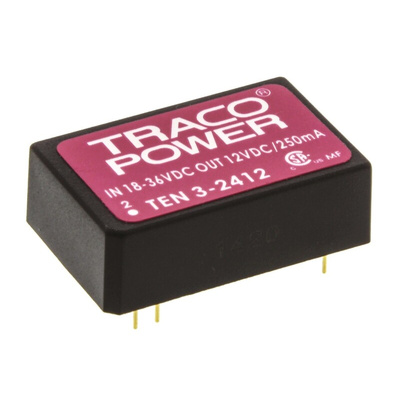 TRACOPOWER TEN 3 DC-DC Converter, 12V dc/ 250mA Output, 18 → 36 V dc Input, 3W, Through Hole, +85°C Max Temp