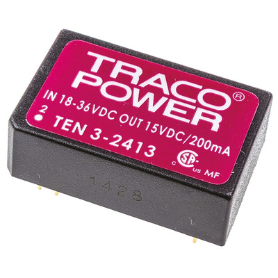 TRACOPOWER TEN 3 DC-DC Converter, 15V dc/ 200mA Output, 18 → 36 V dc Input, 3W, Through Hole, +85°C Max Temp