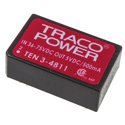 TRACOPOWER TEN 3 DC-DC Converter, 5V dc/ 500mA Output, 36 → 72 V dc Input, 3W, Through Hole, +85°C Max Temp
