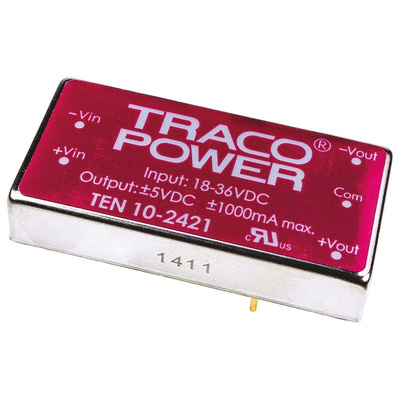 TRACOPOWER TEN 10 DC-DC Converter, ±5V dc/ ±1A Output, 18 → 36 V dc Input, 10W, Through Hole, +85°C Max Temp