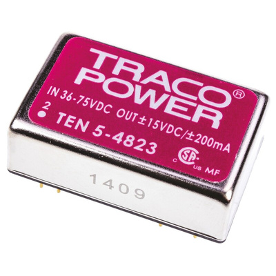 TRACOPOWER TEN 5 DC-DC Converter, ±15V dc/ ±200mA Output, 36 → 72 V dc Input, 6W, Through Hole, +85°C Max Temp