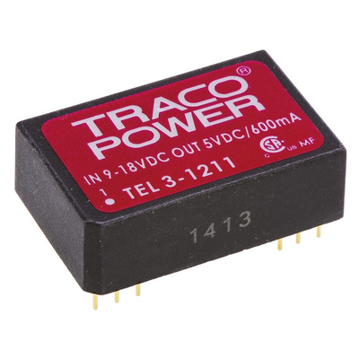 TRACOPOWER TEL 3 DC-DC Converter, 5V dc/ 600mA Output, 9 → 18 V dc Input, 3W, Through Hole, +85°C Max Temp -40°C