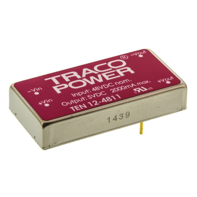 TRACOPOWER TEN 12 DC-DC Converter, 5V dc/ 2A Output, 18 → 75 V dc Input, 12W, Through Hole, +85°C Max Temp -40°C