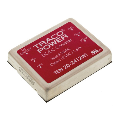 TRACOPOWER TEN 20WI DC-DC Converter, 12V dc/ 1.67A Output, 9 → 36 V dc Input, 20W, Through Hole, +85°C Max Temp