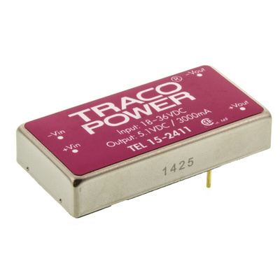 TRACOPOWER TEL 15 DC-DC Converter, 5V dc/ 3A Output, 18 → 36 V dc Input, 15W, Through Hole, +71°C Max Temp -40°C