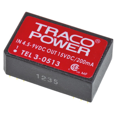 TRACOPOWER TEL 3 DC-DC Converter, 15V dc/ 200mA Output, 4.5 → 9 V dc Input, 3W, Through Hole, +85°C Max Temp