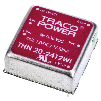 TRACOPOWER THN 20WI DC-DC Converter, 12V dc/ 1.67A Output, 9 → 36 V dc Input, 20W, Through Hole, +85°C Max Temp