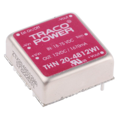 TRACOPOWER THN 20WI DC-DC Converter, 12V dc/ 1.67A Output, 18 → 75 V dc Input, 20W, Through Hole, +85°C Max Temp