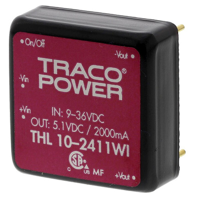 TRACOPOWER THL 10WI DC-DC Converter, 5V dc/ 2A Output, 9 → 36 V dc Input, 10W, Through Hole, +75°C Max Temp