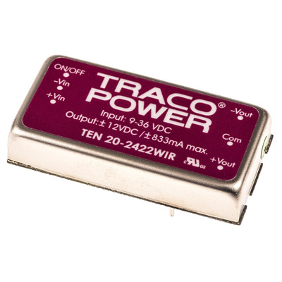 TRACOPOWER TEN 20WIR DC-DC Converter, ±12V dc/ ±833mA Output, 9 → 36 V dc Input, 20W, Through Hole, +85°C Max