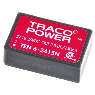 TRACOPOWER TEN 6N DC-DC Converter, 24V dc/ 250mA Output, 18 → 36 V dc Input, 6W, Through Hole, +85°C Max Temp