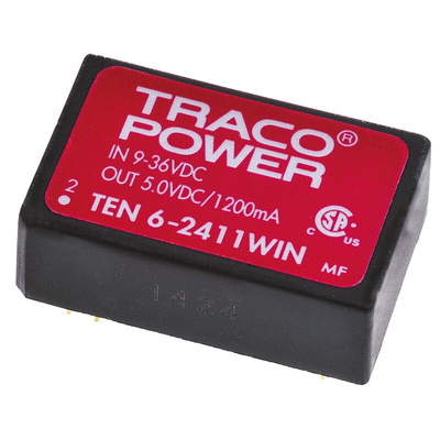 TRACOPOWER TEN 6WIN DC-DC Converter, 5V dc/ 1.2A Output, 9 → 36 V dc Input, 6W, Through Hole, +85°C Max Temp