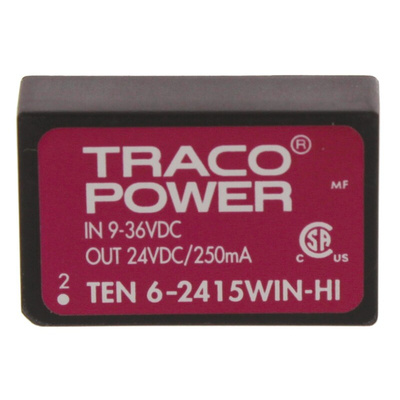 TRACOPOWER TEN 6WIN HI DC-DC Converter, 24V dc/ 250mA Output, 9 → 36 V dc Input, 6W, Through Hole, +85°C Max