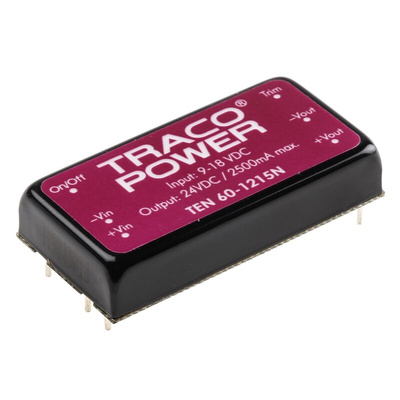 TRACOPOWER TEN 60N DC-DC Converter, 24V dc/ 2.5A Output, 9 → 18 V dc Input, 60W, Through Hole, +85°C Max Temp