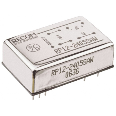 Recom RP12-AW DC-DC Converter, 15V dc/ 800mA Output, 9 → 36 V dc Input, 12W, Through Hole, +65°C Max Temp -40°C