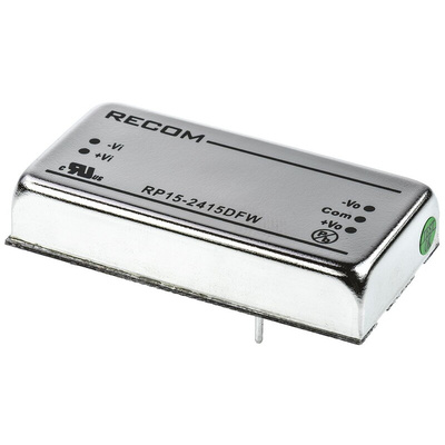 Recom RP15-FW DC-DC Converter, ±15V dc/ ±500mA Output, 9 → 36 V dc Input, 15W, Through Hole, +75°C Max Temp