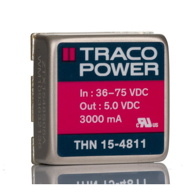 TRACOPOWER THN 15 DC-DC Converter, 5V dc/ 3A Output, 36 → 75 V dc Input, 15W, Through Hole, +85°C Max Temp -40°C