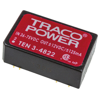 TRACOPOWER TEN 3 DC-DC Converter, ±12V dc/ ±125mA Output, 36 → 72 V dc Input, 3W, Through Hole, +85°C Max Temp