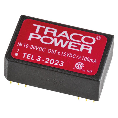 TRACOPOWER TEL 3 DC-DC Converter, ±15V dc/ ±100mA Output, 10 → 30 V dc Input, 3W, Through Hole, +85°C Max Temp