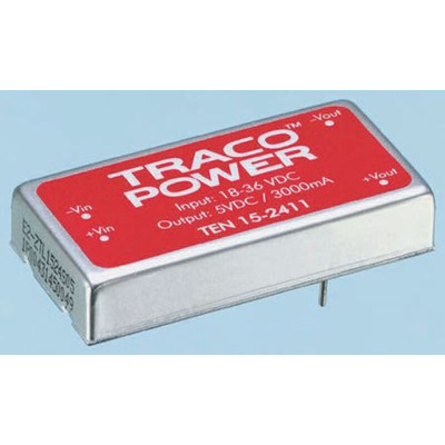 TRACOPOWER TEN 15 DC-DC Converter, ±12V dc/ ±625mA Output, 36 → 75 V dc Input, 15W, Through Hole, +85°C Max Temp