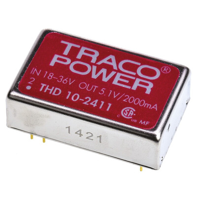 TRACOPOWER THD 10 DC-DC Converter, 5V dc/ 2A Output, 18 → 36 V dc Input, 10W, Through Hole, +71°C Max Temp -40°C