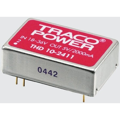 TRACOPOWER THD 10 DC-DC Converter, 12V dc/ 830mA Output, 36 → 75 V dc Input, 10W, Through Hole, +71°C Max Temp