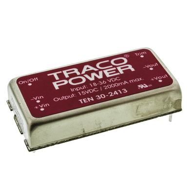 TRACOPOWER TEN 30 DC-DC Converter, 15V dc/ 2A Output, 18 → 36 V dc Input, 30W, Through Hole, +85°C Max Temp