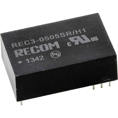 Recom REC3 DC-DC Converter, 5V dc/ 600mA Output, 4.25 → 5.75 V dc Input, 3W, Through Hole, +80°C Max Temp -40°C