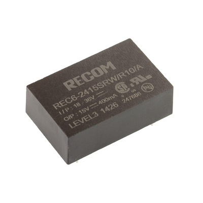 Recom REC6 DC-DC Converter, 15V dc/ 400mA Output, 18 → 36 V dc Input, 6W, Through Hole, +75°C Max Temp -40°C Min