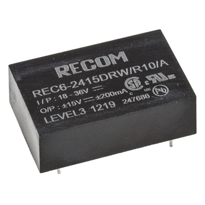 Recom REC6 DC-DC Converter, ±15V dc/ ±200mA Output, 18 → 36 V dc Input, 6W, Through Hole, +75°C Max Temp -40°C