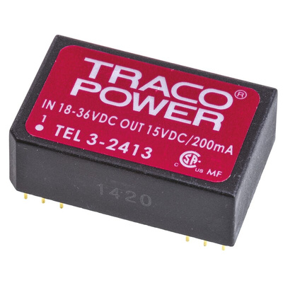 TRACOPOWER TEL 3 DC-DC Converter, 15V dc/ 200mA Output, 18 → 36 V dc Input, 3W, Through Hole, +85°C Max Temp