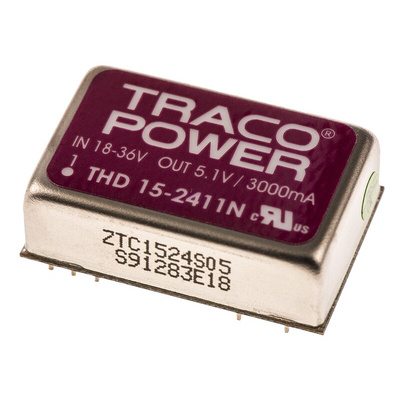 TRACOPOWER THD 15N DC-DC Converter, 5V dc/ 3A Output, 18 → 36 V dc Input, 15W, Through Hole, +85°C Max Temp