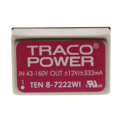 TRACOPOWER TEN 8WI DC-DC Converter, ±12V dc/ ±333mA Output, 43 → 160 V dc Input, 8W, Through Hole, +85°C Max