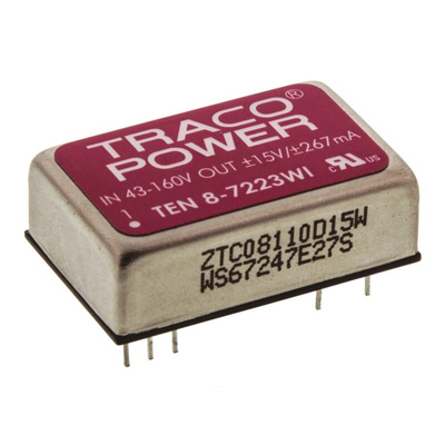 TRACOPOWER TEN 8WI DC-DC Converter, ±15V dc/ ±267mA Output, 43 → 160 V dc Input, 8W, Through Hole, +85°C Max