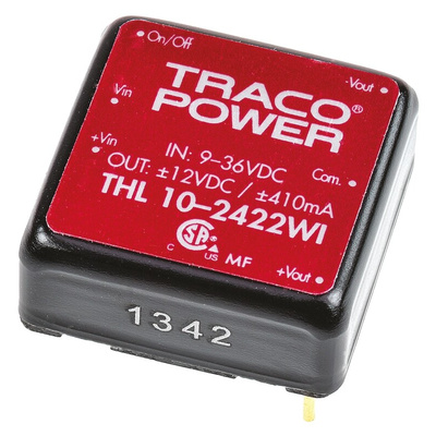 TRACOPOWER THL 10WI DC-DC Converter, ±12V dc/ ±410mA Output, 9 → 36 V dc Input, 10W, Through Hole, +75°C Max