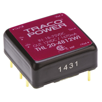 TRACOPOWER THL 20WI DC-DC Converter, 12V dc/ 1.67A Output, 18 → 75 V dc Input, 20W, Through Hole, +85°C Max Temp