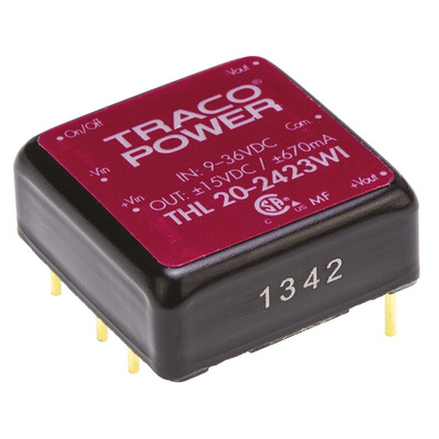 TRACOPOWER THL 20WI DC-DC Converter, ±15V dc/ ±670mA Output, 9 → 36 V dc Input, 20W, Through Hole, +85°C Max