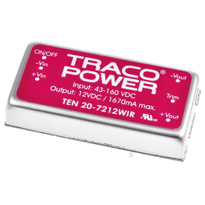 TRACOPOWER TEN 20WIR DC-DC Converter, 12V dc/ 1.67A Output, 43 → 160 V dc Input, 20W, Through Hole, +85°C Max