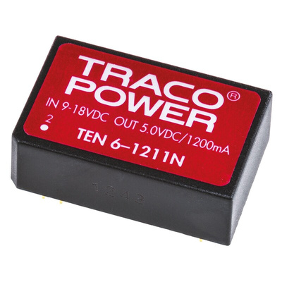 TRACOPOWER TEN 6N DC-DC Converter, 5V dc/ 1.2A Output, 9 → 18 V dc Input, 6W, Through Hole, +85°C Max Temp -40°C