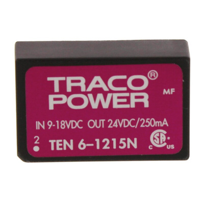 TRACOPOWER TEN 6N DC-DC Converter, 24V dc/ 250mA Output, 9 → 18 V dc Input, 6W, Through Hole, +85°C Max Temp