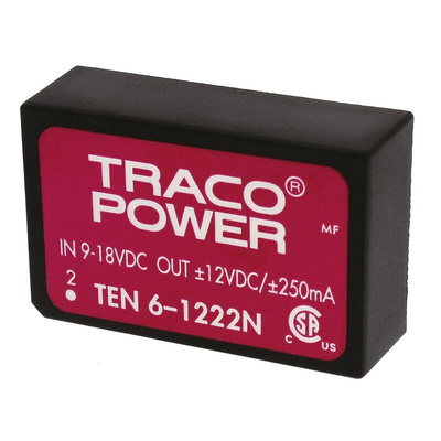 TRACOPOWER TEN 6N DC-DC Converter, ±12V dc/ ±250mA Output, 9 → 18 V dc Input, 6W, Through Hole, +85°C Max Temp