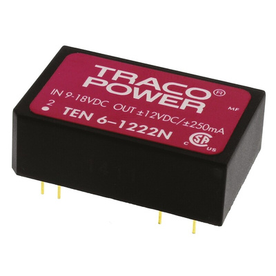 TRACOPOWER TEN 6N DC-DC Converter, ±12V dc/ ±250mA Output, 9 → 18 V dc Input, 6W, Through Hole, +85°C Max Temp