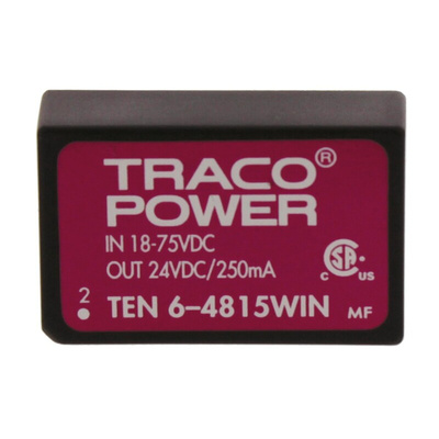 TRACOPOWER TEN 6WIN DC-DC Converter, 24V dc/ 250mA Output, 18 → 75 V dc Input, 6W, Through Hole, +85°C Max Temp